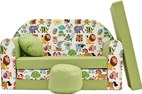 Pro Cosmo umwandelbares Kindersofa – perfekt zum Spielen und Schlafen – mit Abnehmbarer Matratze, Kissen und Pouf – 98x168x59 cm – leicht und einfach zusammenklappbar - Z5 Farbe Grün- Dschungeltiere
