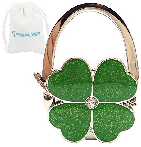 ROFLYER Four Leaf Clover Design Foldable Handbag Hanger Folding Purse Table Hook Holder, with Velvet Pouch(Green)