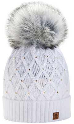 morefaz Wurm Winter Strickmütze Mütze Damen Kristalle Kiesel mit Große Bomme Pompon l SKI (White) (MFAZ Ltd)