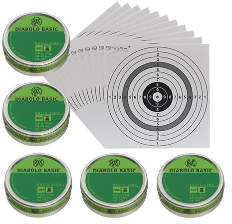 Luftgewehr Diabolo RWS Basic Line Flachkopf Diabolos, Kal. 4,5 mm, 2.500 Stück + 10 original ShoXx.® Shoot-Club Zielscheiben mit 250 g/m²