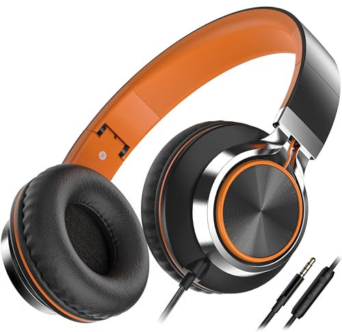 AILIHEN C8 Kopfhörer mit Kabel und Mikrofon, faltbar und verstellbar, On-Ear-Headsets, Lautstärkeregelung, HD-Stereo-Sound, 3,5-mm-Klinkenstecker für Chromebook, Laptop, Smartphone(Schwarz Orange)