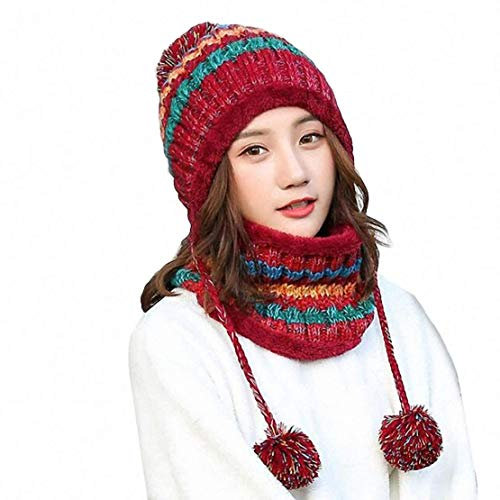 Frauen Strickmütze Schal Set Winter Warm Verdicken Häkeln Bobble Pom Pom Mütze Hut Cap Outdoor Ski Snowboard Cycle Bobble Säumen Hüte mit Fleece-Futter für Damen Mädchen Indoor und Outdoor
