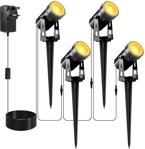 NATPOW Garden Spike Lights, Outdoor Garden Spot Lights Mains Powered with Adapter, Warm White Landscape Uplighters 5V IP65 Waterproof LED Lighting for Lawn, Pathway, Yard