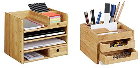 Relaxdays Schreibtisch Organizer, Briefablage A4, Notizzettel und Stifte ordnen, 26 x 33 x 24 cm & Schreibtisch Organizer Bambus, Stiftehalter Holz, Schreibtischbox Schubladen, 9,5 x 12,5 x 15 cm