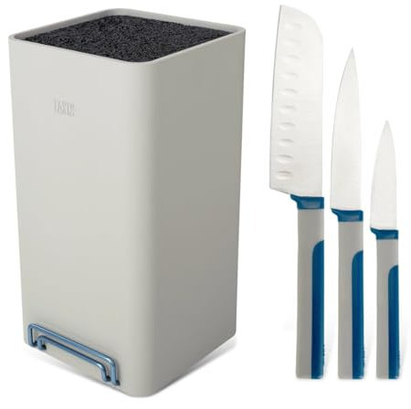 Messerblock-Set inkl. 3 Messern, 4-tlg, Universalmesserblock mit Borsteneinsatz, inkl. Tablet- und Handyhalter & rostfreien Edelstahlmessern, Gray