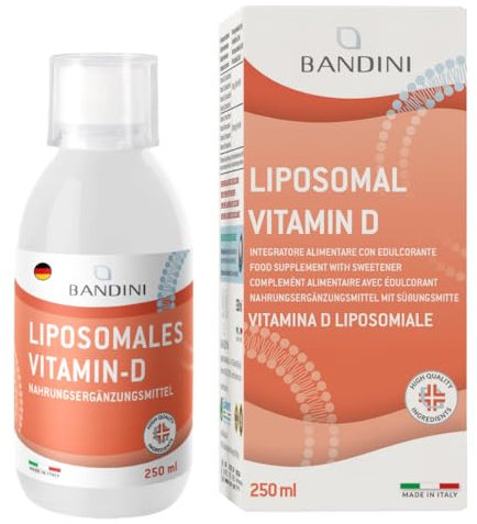 Bandini® Vitamin D liposomal (250ml) | Sonnenvitamin aus Italien | 2000 I.E (50µg - mcg) pro Tagesdosis | Hohe Absorption | Immunsystem, Knochen & gute Laune stärken | Hochdosiert, laborgeprüft