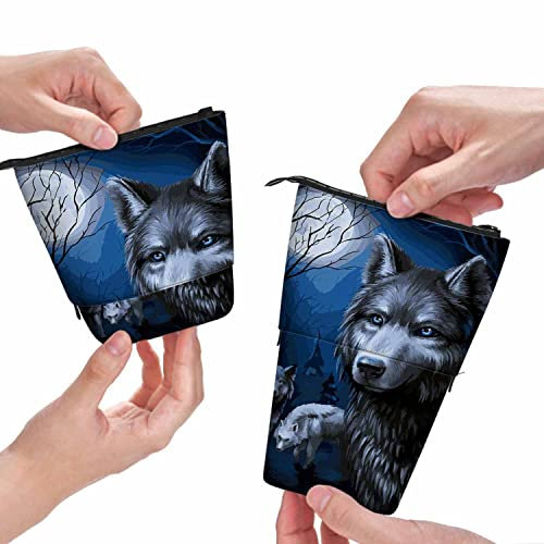 Swono Dark Night Wolf Federmäppchen Vollmond Stehend Federtasche Federtasche Stiftehalter Dunkelblau