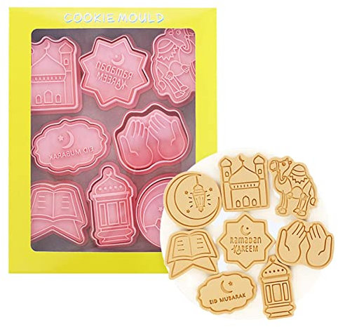 8 Pièces Eid Mubarak Cookie Cutter Aid Moubarak Gateau Ramadan Islamique Musulman Moule en Silicone Moule Fondant Gâteau Cuisson Eid Moubarak Decor