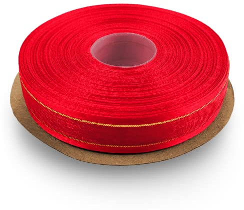 Netuno 1 x Chiffonband Rot mit Goldfaden 15 mm x 22 m Organza Band Polyester Schleifenband transparent Geschenkband Dekoband für Geschenke Hochzeit Weihnachten Kommunion Taufe Basteln Dekorieren