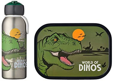 Mepal Flip-Up Campus - Gourde isotherme en acier inoxydable pour enfants - 9 heures chaudes et 12 heures froides - Avec insert et fourchette - Motif dinosaure