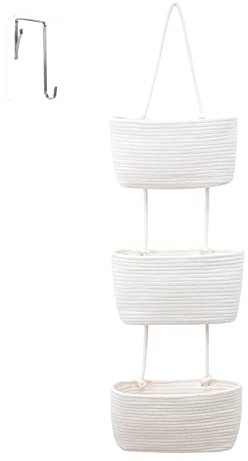 maxant 3-Tier Over the Door Hanging Basket, Wall Mount Storage Organiser Bag, Cotton Rope Woven Solution with Hook, Decorative Baskets for Bedroom, Living Room, Bathroom, Nursery (A) (UD0335)