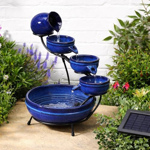 Festive Lights - 49cm Solar Ceramic Blue Bowl Neptune Cascade Water Feature - Glazed Finish, Outdoor Garden Fountain, Weather-Resistant, IP44 Rated, Self-Contained Design, 3m Cable & External Panel