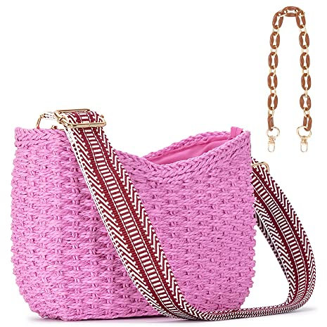 Herald kleine handgefertigte Strohtasche für Damen, Sommer, schick, gewebte Handtasche, Schultertasche, Geldbörse mit Kette, Pink