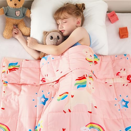 yescool Pink Weighted Blanket 5 Pounds Cooling Weighted Lap Blanket, Rainbow Unicorn Heavy Blankets, Breathable Weighted Throw Blanket for 40-60lbs, 36x48