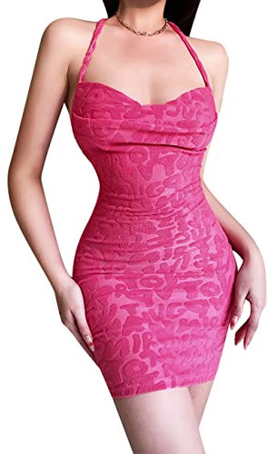 BKEPDY Vestito Donna Mini Corto Sexy Sling Tinta Unita Stampa Abito Cocktail da Sera Estivo Colletto Tascabile Casual Disponibile in Diversi Taglie S-L (Rosa S)