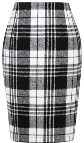 Kinghua Falda lápiz de lana a cuadros para mujer, para otoño e invierno, cintura alta, con abertura, longitud hasta la rodilla