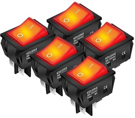 SHOKHI 5 uds 30A 250V Resistente Compatible con KCD4 Interruptor basculante ON Off Compatible con DPST 4 Pines con Interruptor de Palanca de 220V Iluminado en Rojo T125