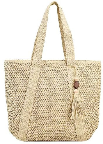 KVBUCC Off-White Woven Handbag with Peach Wood Pendant - Shoulder Bag, Beach & Summer Vacation Bag - Women's Straw Woven Handbag for Daily Work, Travel & Vacation