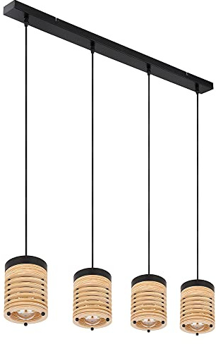 Hängelampe Deckenlampe Pendelleuchte Esstischleuchte Wohnzimmerlampe Esszimmerlampe, Metall schwarz MDF braun, 4 Flammig E27, L 90 cm