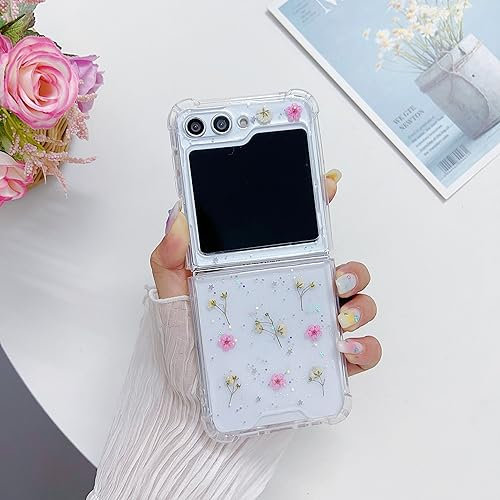 ZTUOK Compatible with Samsung Galaxy Z Flip 5 Case for Girls,Bling Flower Clear Flexible Rubber Pressed Dried Real Flowers Case Glitter Sparkly Star Floral Cover for Samsung Galaxy Z Flip 5-Pink