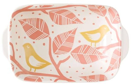 Nordic Ceramic Baking Dish For Oven, Rectangular Lasagne Dish With Handle, For Casserole Tapas Pies-Pink-Bird