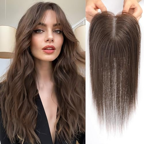 HAIRCUBE Haartopper für Frauen Top Haarteile 100% echtes menschliches Haar ohne Pony Menschenhaartopper mit Schweizer Spitzenbasis handgebundenes Haar verlieren/dünnen, graues Haar 14 Zoll Dunkelbraun