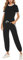 Litherday Jogginganzug Damen Kurz Freizeitanzug Baumwolle Sportswear zum Fitness Running Sportanzug Frauen Streifen Trainingsanzug mit Rundhals, Schwarz, L
