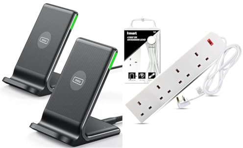 INIU Wireless Charger 2-Pack, 15W Qi Certified Fast Wireless Charger Stand with Sleep-friendly Light & Heavy Duty Extension Lead UK Pin Plug and Cable, 4 Gang Way 2m Power Adapter