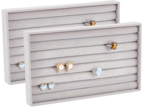GOMAKERER 2 Pc Ring Holder Display Tray, Light Grey 7 Slots Velvet Ring Storage Display Trays Ring Holder Stand Jewelry Storage Tray Organizer for Home or Store Sell Show