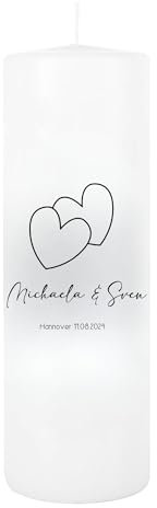 MilaBoo® Hochzeitskerze personalisiert in 8x25cm I Traukerze beidseitig bedruckt in Farbe I Hochzeitsgeschenk für Brautpaar Made in Germany (2 Herzen)