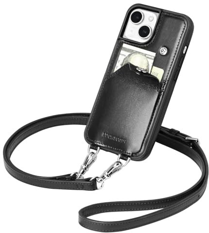 LUCKYCOIN Wallet Phone Case for iPhone 13 with Wrist Strap/Card Holder,Fashion Travel Crossbody Case for Women,Genuine Leather Purse Cover for Girl,Pouch Case with Adjustable Neck Cord-Black