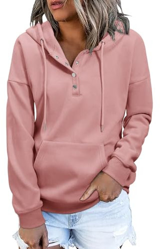 heekpek Felpa con Cappuccio Donna Scollo a V e Bottoni Comoda Felpa Invernale Casual Calda Felpe in Pile Donna, Rosa, S