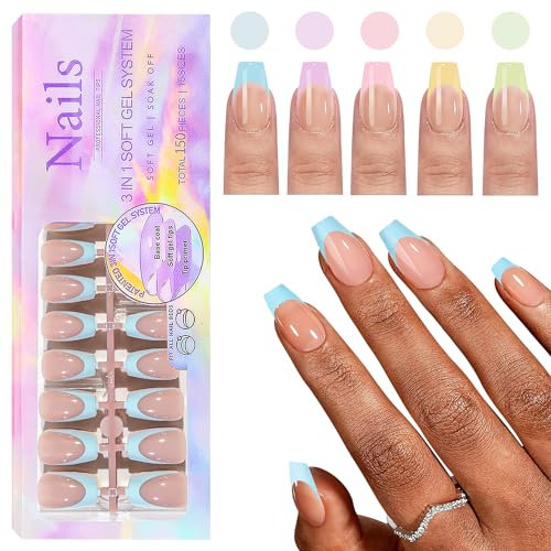 CHANGAR French Gel Nail Tips, 150Pcs Extra Short Coffin French Tip Press on Nails with Pre-applied Tip Primer & Base Coat No Need File False Nails for Nail Art DIY(Rainbow- trapezoid)