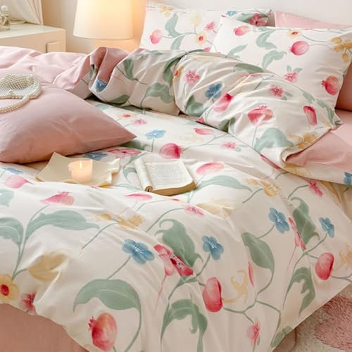 Sedefen Housse de Couette Fleurie 200 x 200cm Rose Bleu Floral Feuilles Parure de Lit 2 Personnes Réversible Microfibre Sets de Housse Couette avec Fermeture Éclair et 2 Taie d'oreiller 65x65cm