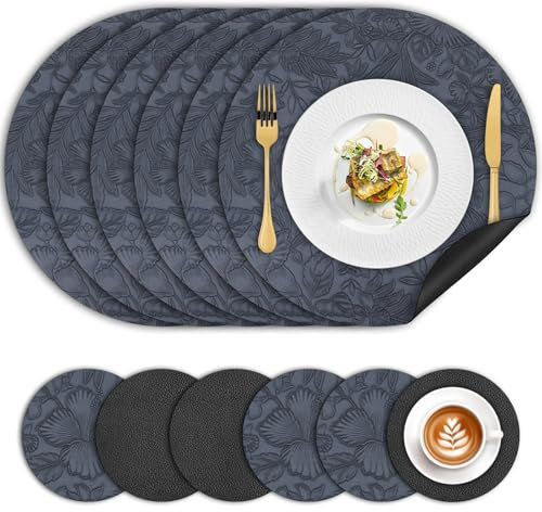 Table Mats Set of 6, Round Leather Floral Placemats and Coasters Heat-Resistant Waterproof Non Slip, Wipeable Washable Dual Sided Place Mat 34cm Easy to Clean for Kitchen Dinning Restaurant,Blue Black