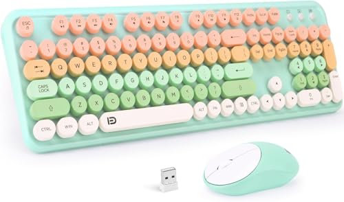 Colorful Computer Wireless Keyboard Mice Combo, 2.4GHz Retro Full-Size Keyboard with Number Pad, Silent Cute Wireless Mouse for PC, Windows, Desktop, Laptop (Blue)