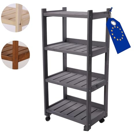 MODO24 4-Ebenen Gemüseregal, Kistenregal mit Rollen, Holzregal, Regal für Obst, Abmessungen 102x48x34cm, Grau