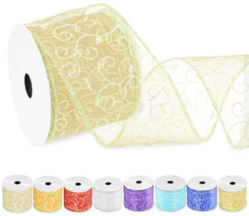 Swpeet 2-1/2 pulgadas × 10 jardas champaña remolino brillo cinta con alambre, organza Sheer cinta con borde metálico de oro, cinta con alambre de Navidad para la decoración artesanía
