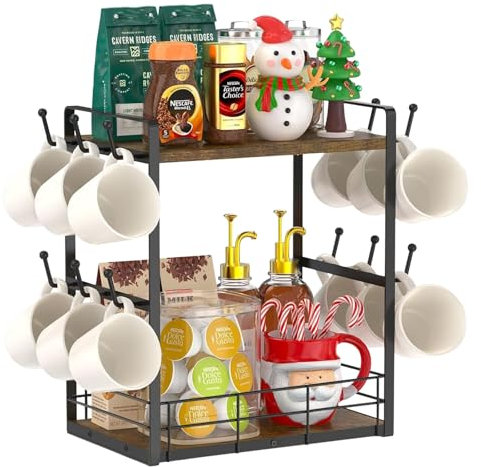 Aolawco 2 Tier Coffee Station Organizer for Countertop, Multi-Functional Coffee Mug Holder Display Stand with 12 Hooks, Coffe Bar Accessories and Organizer for Kitchen Office, Vintage Brown-Black