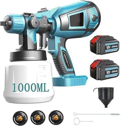 ONEVAN Pistola a spruzzo a batteria, 80 DIN, 650 ML/MIN, 1200 ml, sistema a spruzzo elettrico per vernice da parete, con 4 ugelli (1,0/1,8/2,0/2,5 mm), 2 batterie da 3,0 Ah e caricatore