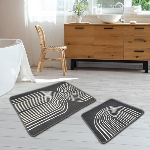 miqna Smallpox 2-teiliges Badematten-Set mit Boho-Muster in Grau – rutschfest, Wasserabsorbierend und Stilvoll für Ihr Badezimmer (Smallpox, 60 x 100 cm - 50 x 60 cm)