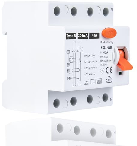 FI Schutzschalter Typ B 40A 300mA 4-Polig, Fehlerstromschutzschalter Allstromintensiv, RCD Schalter für Wallboxen, Ladestationen & Sicherungsautomaten, DIN Hutschiene Montage VDE Zertifikate