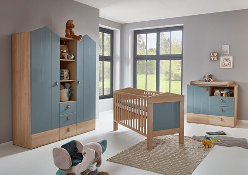Arthur Berndt Babyzimmer Set Roofy 3-TLG. Kleiderschrank 2-türig, Wickelkommode mit abnehmbarem Wickelaufsatz, Babybett inkl. Lattenrost