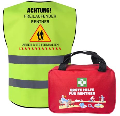 Erste Hilfe Tasche + Reflektierende Warnweste – Lustiges Ruhestand Geschenk für Rentner – Notfallset mit Spruch – Humorvolles Abschiedsgeschenk zum Renteneintritt