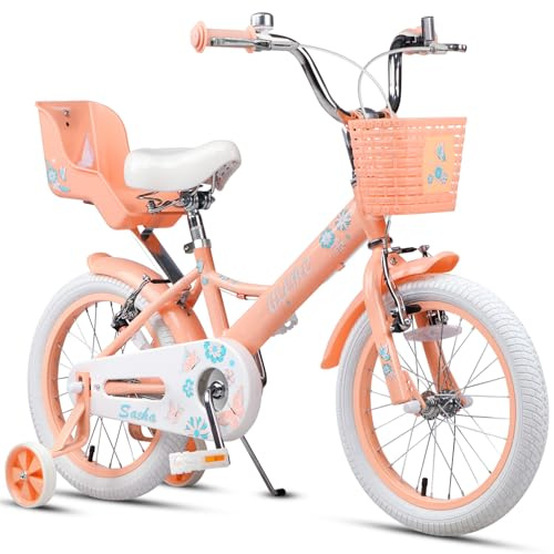 Glerc Mädchenfahrrad im Prinzessinnen-Design, 12 14 16 18 20 Zoll Kinderfahrrad für Kinder von 2–13 Jahren, Puppensitz, Korb, Stützrädern und Fahrradständer