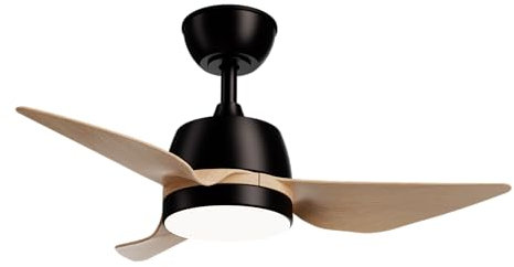 Sulion Ventilador de Techo MARINA Luz LED 24W Regulable – Motor DC Silencioso, Negro con Palas de Color Madera Clara, IP44, 5 Velocidades, Temporizador, Función Invierno-Verano, Ø86 cm