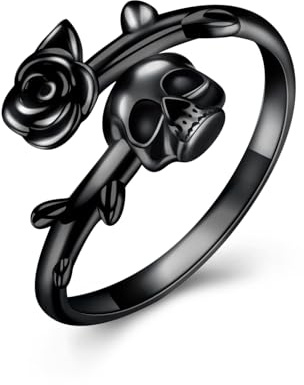 Totenkopf Rosen Verstellbarer Ring 925 Sterling Silber Schwarzer Rosenschädel Gothic Ehering Schmuck Totenkopf Geschenke für Frauen Mädchen