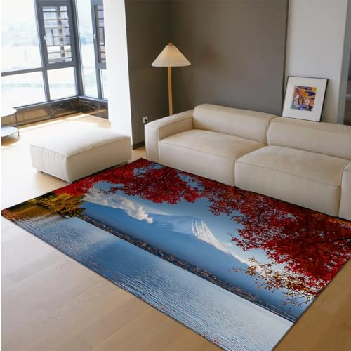 HOBBOY Japanischer Stil Bereich Teppiche Fuji Berg Herbst Rot Ahorn Blätter See Malerischer niedrigfloriger Bodenteppich für Wohnzimmer Sofa Hotel 60 x 90 cm