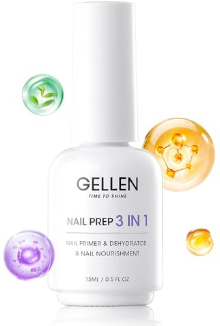 Gellen Nail Primer and Dehydrator, 3-in-1 Acid-free Nourishing Nail Prep for Gel & Acrylic Nails, Gentle with Squalane VE Promote Health, 15ml 3s Air Dry Dehydrate Long-lasting Nails Art Supplies