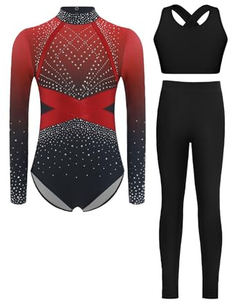 iiniim Mädchen Turnanzug Glitzer Langarm Gymnastikanzug mit Hose Eiskunstlauf Body Overall Gymnastik Leotard Trikotanzug Wettbewerb Tanzkostüm B Rot 134-140